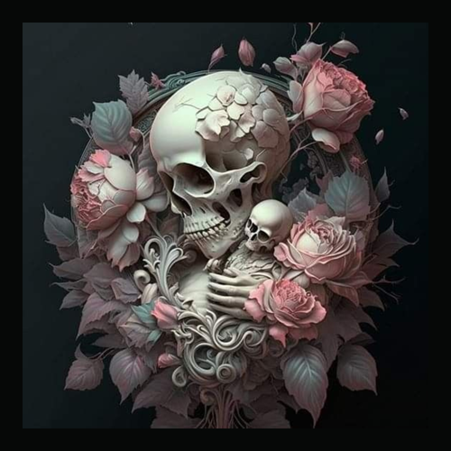 panneau simili tête de mort fleurs roses