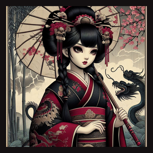 panneau velours geishas noir et rouge